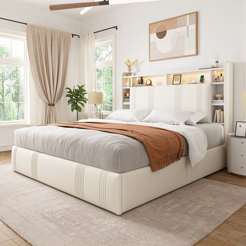 Upholstered Bed Frame With Headboard And Led Lights, Storage Bed With 4  Drawers And Open Shelves, Led Bed With Charging Station
