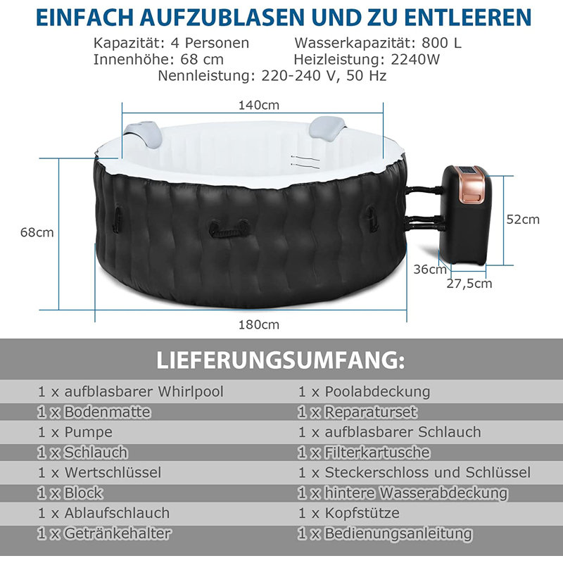 Dakota Fields Albacete 108 - Jet Plastic Round Inflatable Hot Tub, Black