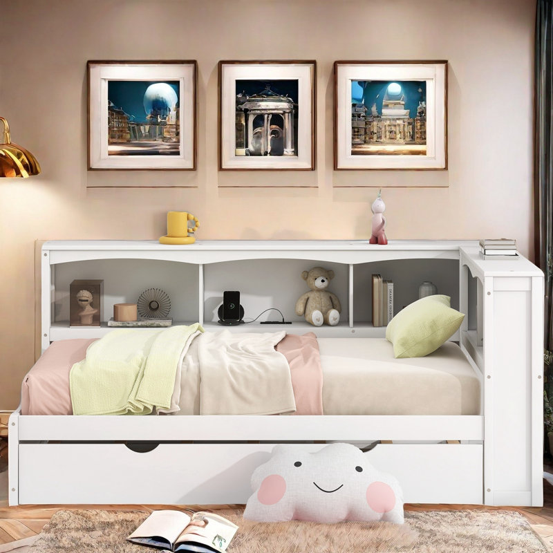 Lit de jour moderne avec lit gigogne, armoires de rangement et ports USB, Blanc