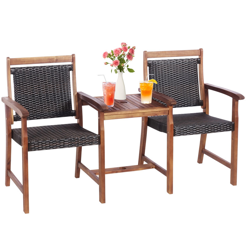 62" Wide Patio Rattan Loveseat Acacia Wood Bench w/Table & Umbrella Hole