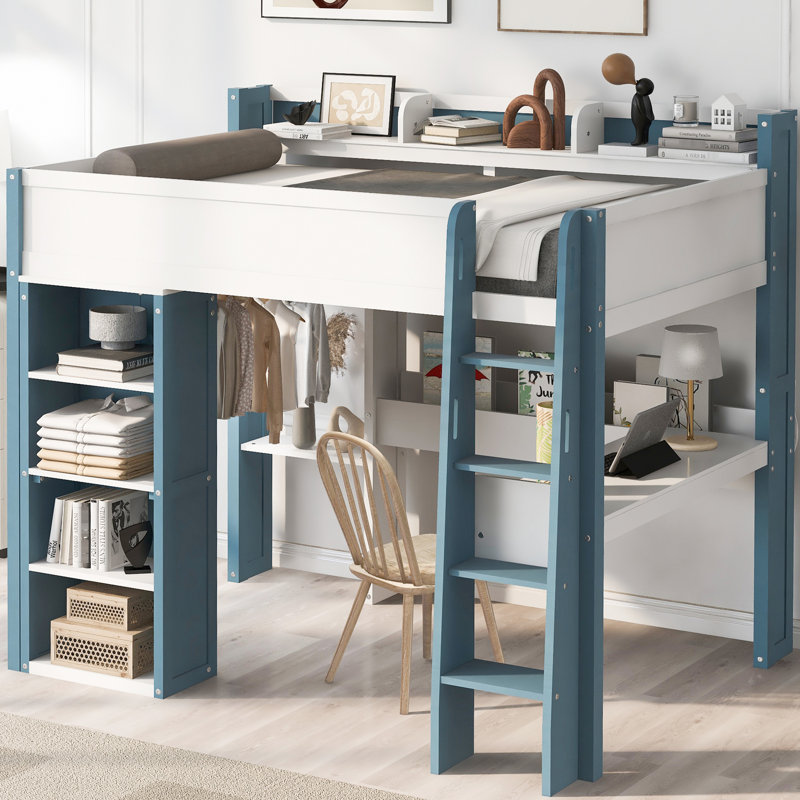 Full Size Loft Bed In White + Natural, Featuring Storage Shelves And An Integrated Desk, Practical With Built - Wardrobe A Study For Teens