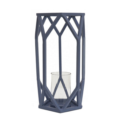 Lanterne à bougie 14 po, lanterne en acier thermolaqué bleu poudré avec cheminée en verre, porte-bougie intérieur / extérieur