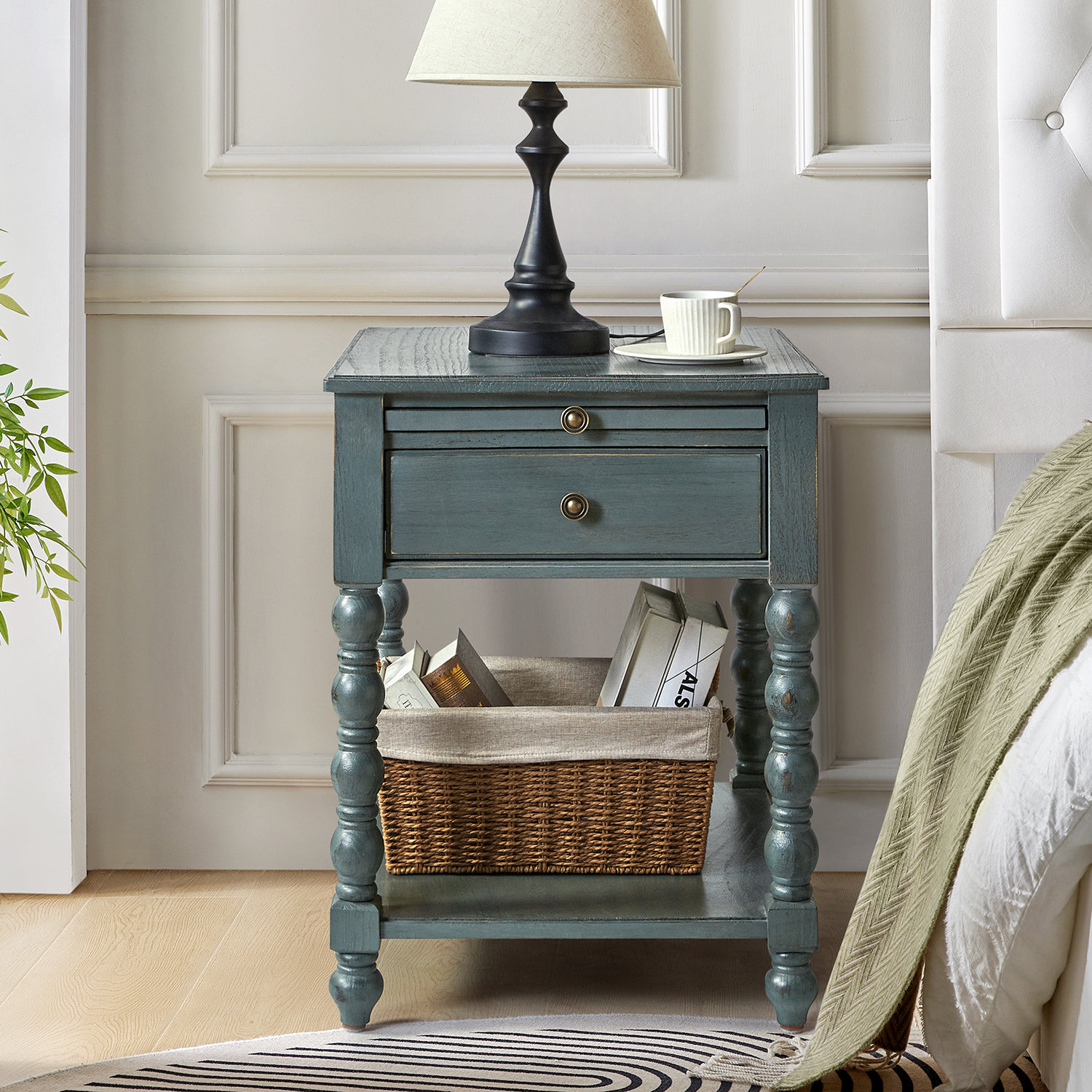 Hulala Home Ira 26 Tall Farmhouse Solid Wood End Table with Built in Charging Outlets Blue