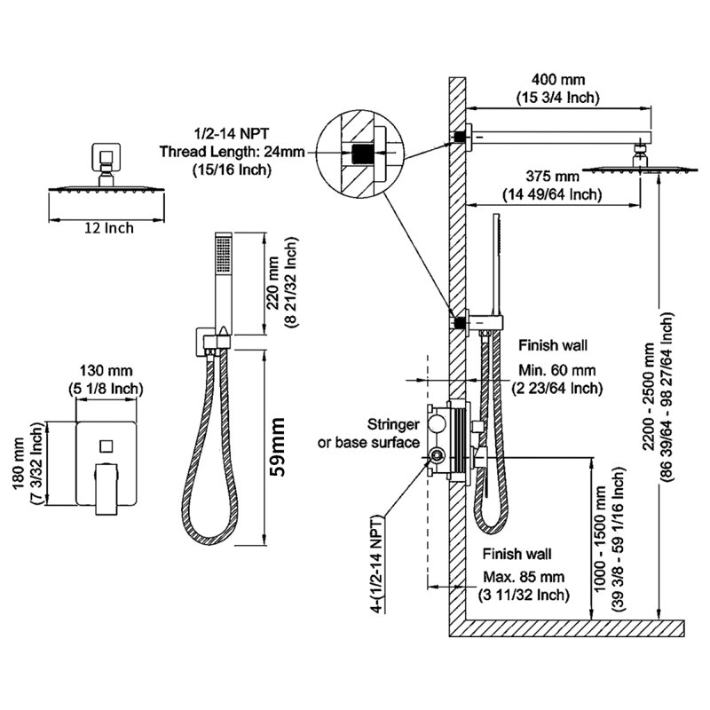 Shower System Shower Faucet Combo Set Wall Mounted With 12" Rainfall Shower Head And Handheld Shower Faucet, Matte Black Finish With Brass Valve Roughin