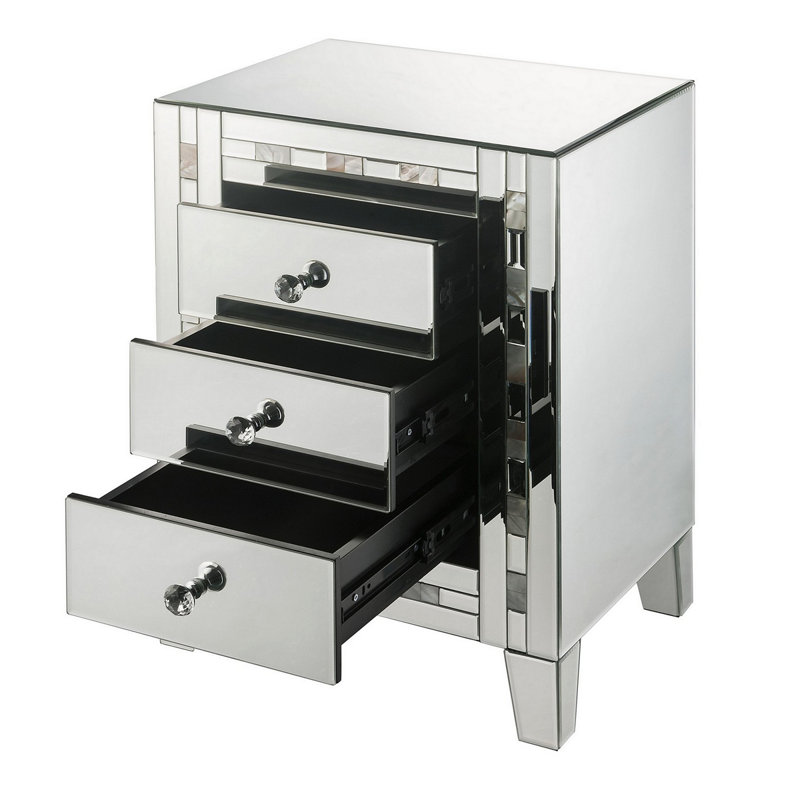 Table d'appoint à 3 tiroirs et miroir biseauté avec incrustation de perles