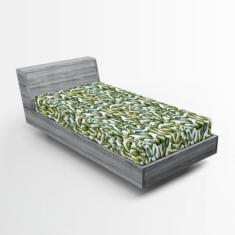 Drap-housse à motif floral Ambesonne, Drap-housse de taille simple, Vert olive / kaki / motif floral blanc