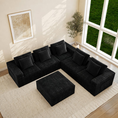 Canapé modulaire à compression en L 106,2 po avec méridienne avec méridienne en velours côtelé noir Abdou
