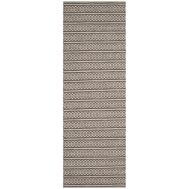 Tapis ivoire / noir en coton tissé à la main à motif géométrique Bester, Tapis de couloir 2 pi 3 po x 10 pi