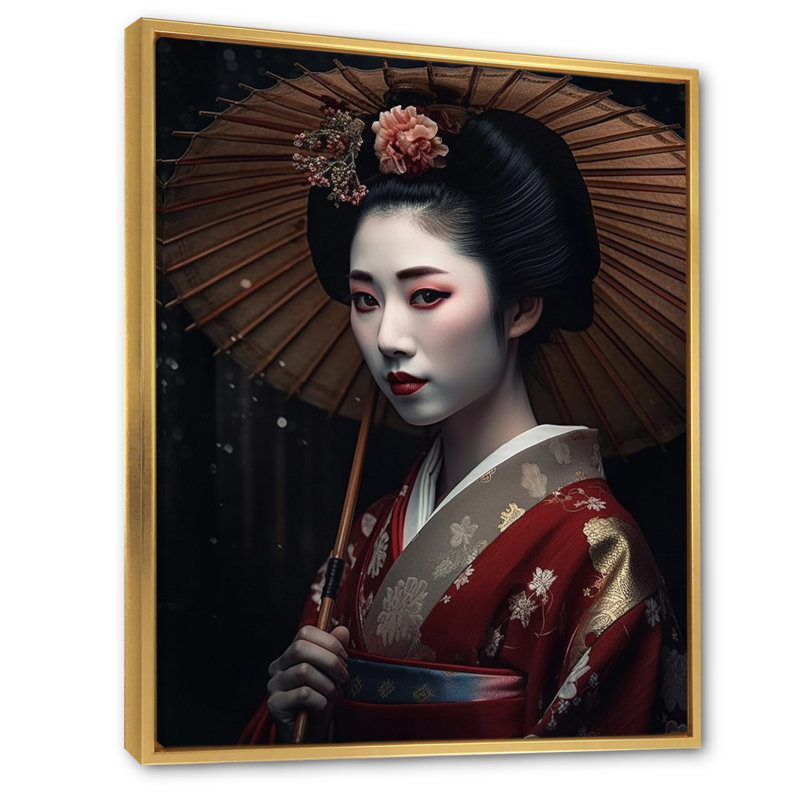 Geisha japonaise élégante en noir et rouge I, Cadre flottant doré, H 20 po x l 12 po x P 1 po