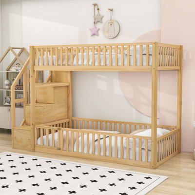 Twin Over Twin Floor Bunk Bed With Storage Staircase, Fence Guardrails And Small Door