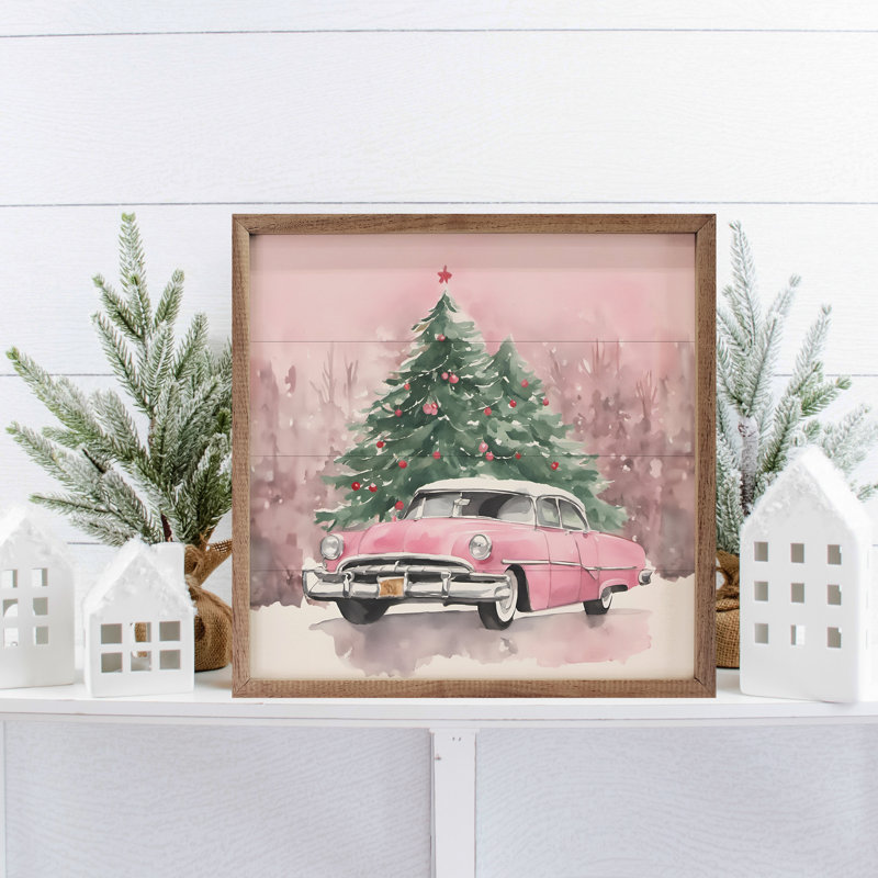 Voiture rose avec des arbres de Noël, H 16 po x l 16 po x P 1 po