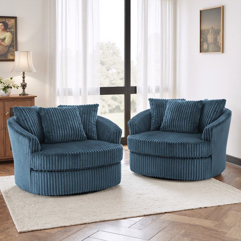 Ultra Plush Faux Rabbit Fur Oversized Swivel Barrel Chair with Three Pillows, Blue