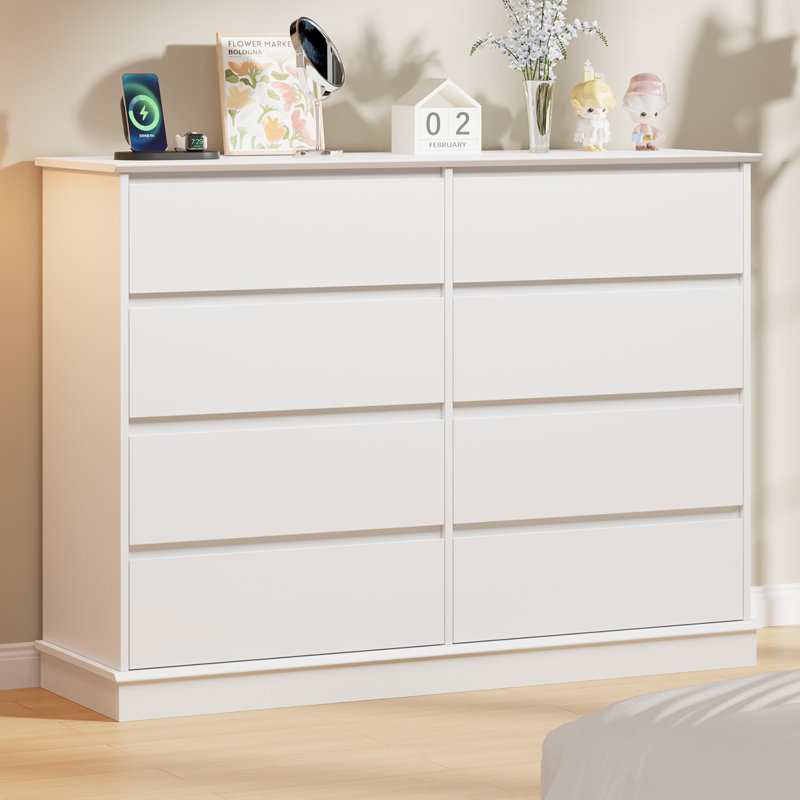8 Drawer Dresser, Wide Wooden Chest of Drawers with Wide Top, White