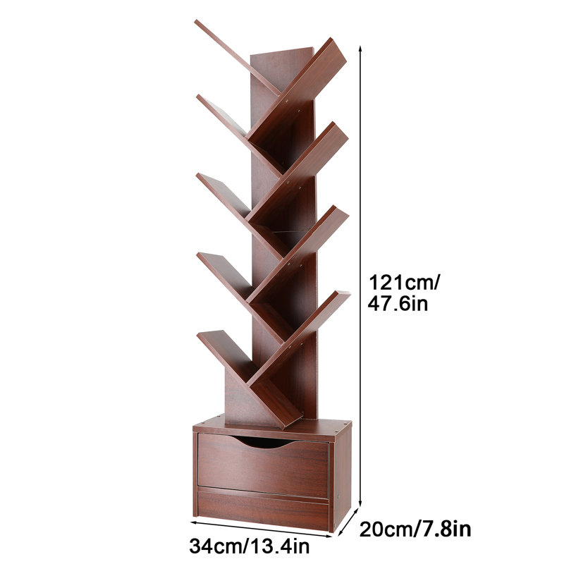Bookshelf with Drawer,9 Tiers Tree Bookshelf,Book Storage Organizer,Free Standing Tree Bookcase