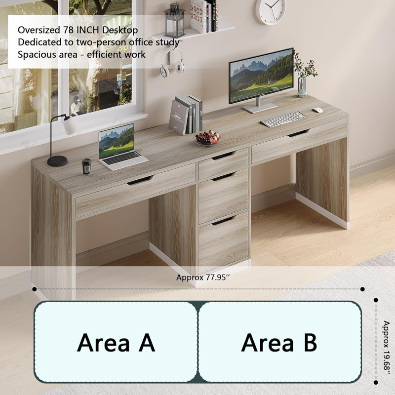 78 Inch Two Person Desk with Drawers, Double Computer Desk with Storage 5 Drawers for Two Person, Extra Long Writing Desk Workstation with File Drawer for Home Office