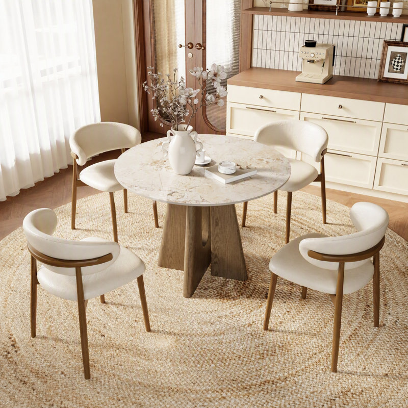 Ensemble de salle à manger rond Amberly 5 pièces, style moderne du milieu du siècle, avec chaises rembourrées couleur crème, idéal pour la cuisine, la salle à manger ou le coin repas.
