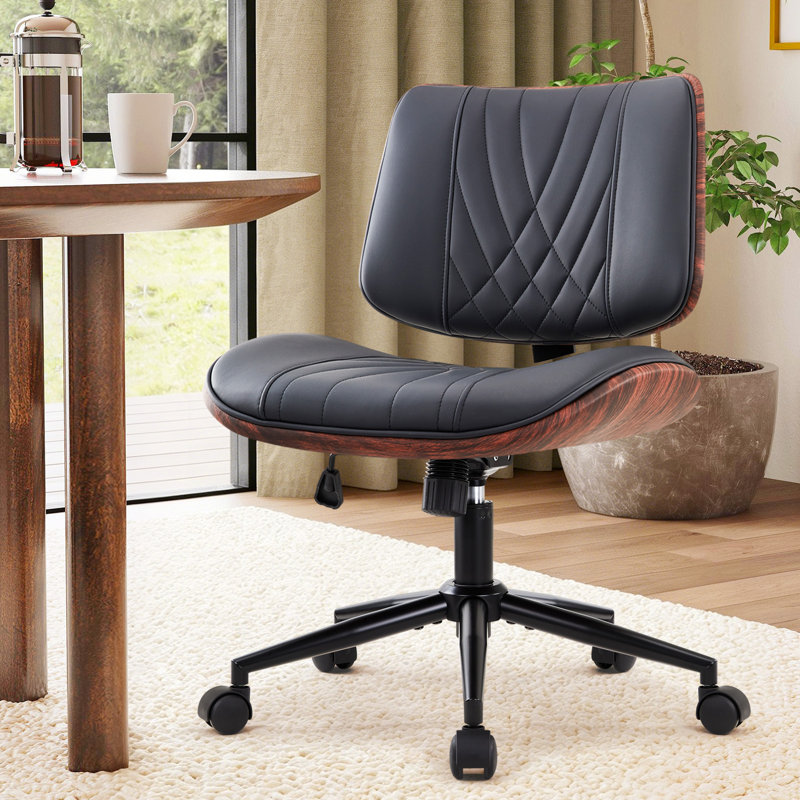 Fauteuil de bureau à domicile Fauteuil de bureau pivotant avec roulette Petit fauteuil d'ordinateur Fauteuil de travail sans accoudoirs Dossier en cuir de noyer moderne