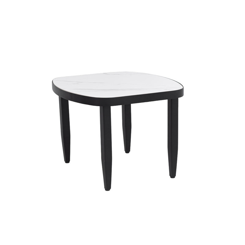 Modern Outdoor Elegance Arc Side Table With Greek White Marble-Inspired Sintered Stone Top, Aluminum Frame, Post Tapered Legs & Rounded Corners,Weatherproof & Rust-Free