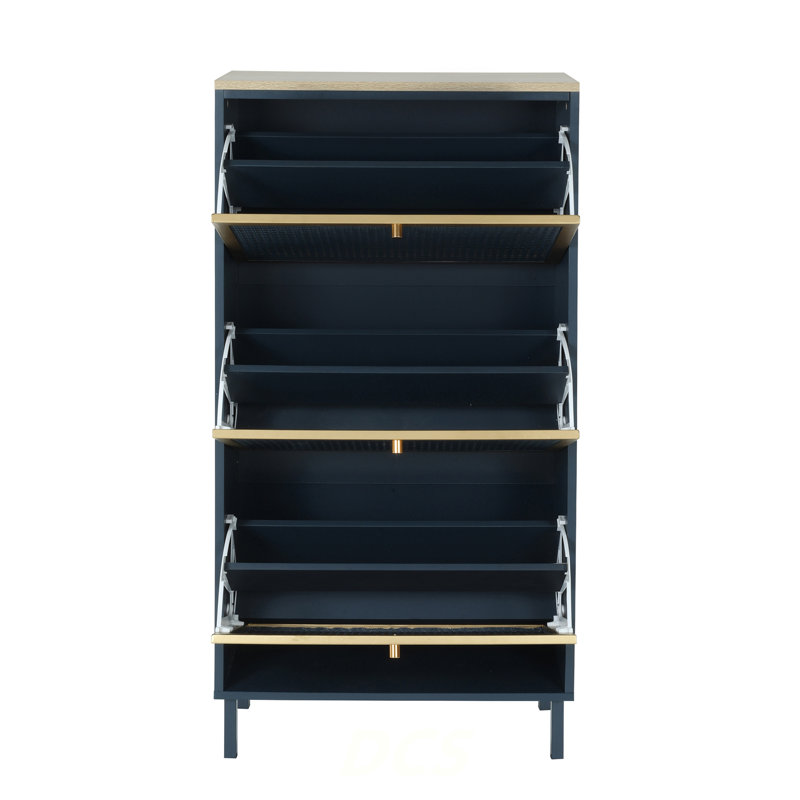 3 Metal Door Shoe Rack, Freestanding Modern Shoe Storage Cabinet, Metal Rattan, For Entryway, Shoe Storage, Navy