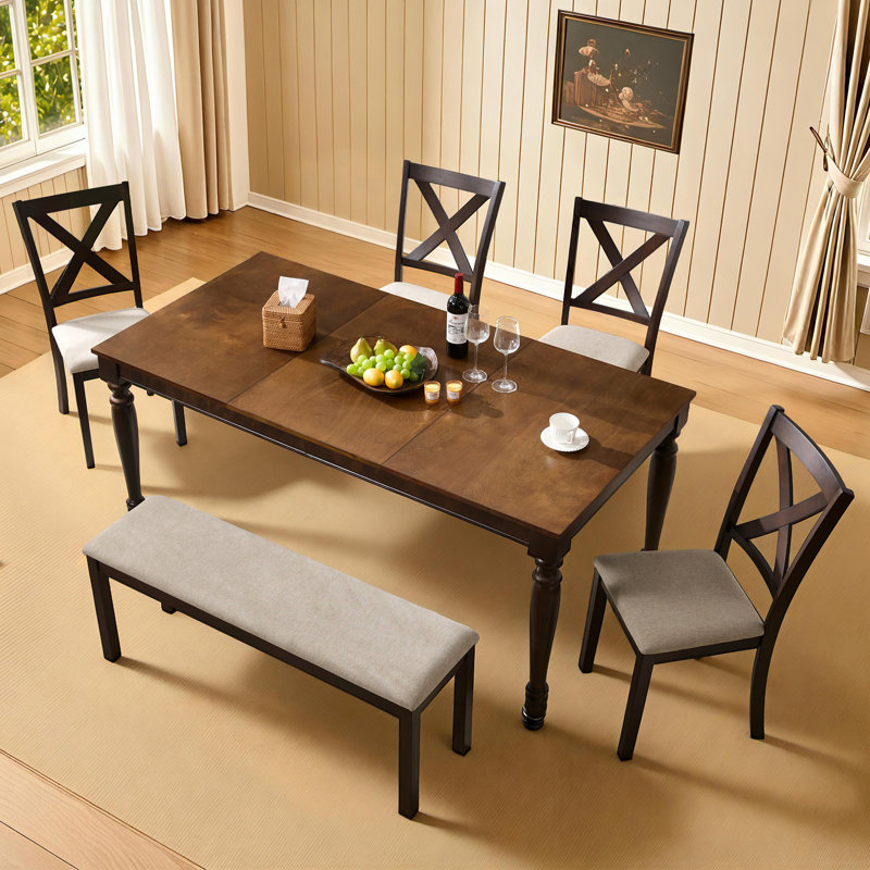 Deral 6 - Person Farmhouse Rectangular Solid Wood Dining Set With Bench, Brown/Black, Dark Brown