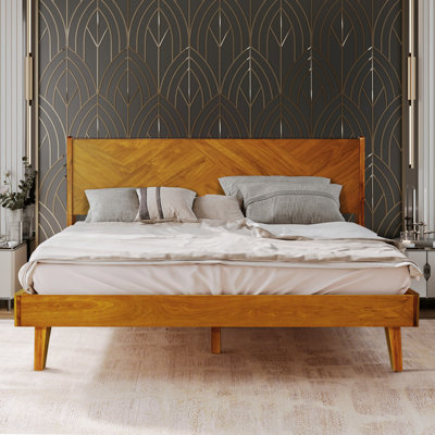 Gazelle Solid Wood Bed Frame with Artistic Patterned Headboard, Queen size bed, Caramel