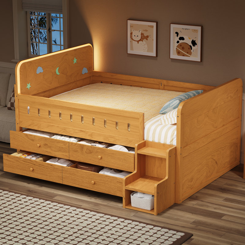Structure de lit pleine grandeur en bois avec éclairage à DEL et tiroirs de rangement, aucun sommier nécessaire, couleur bois