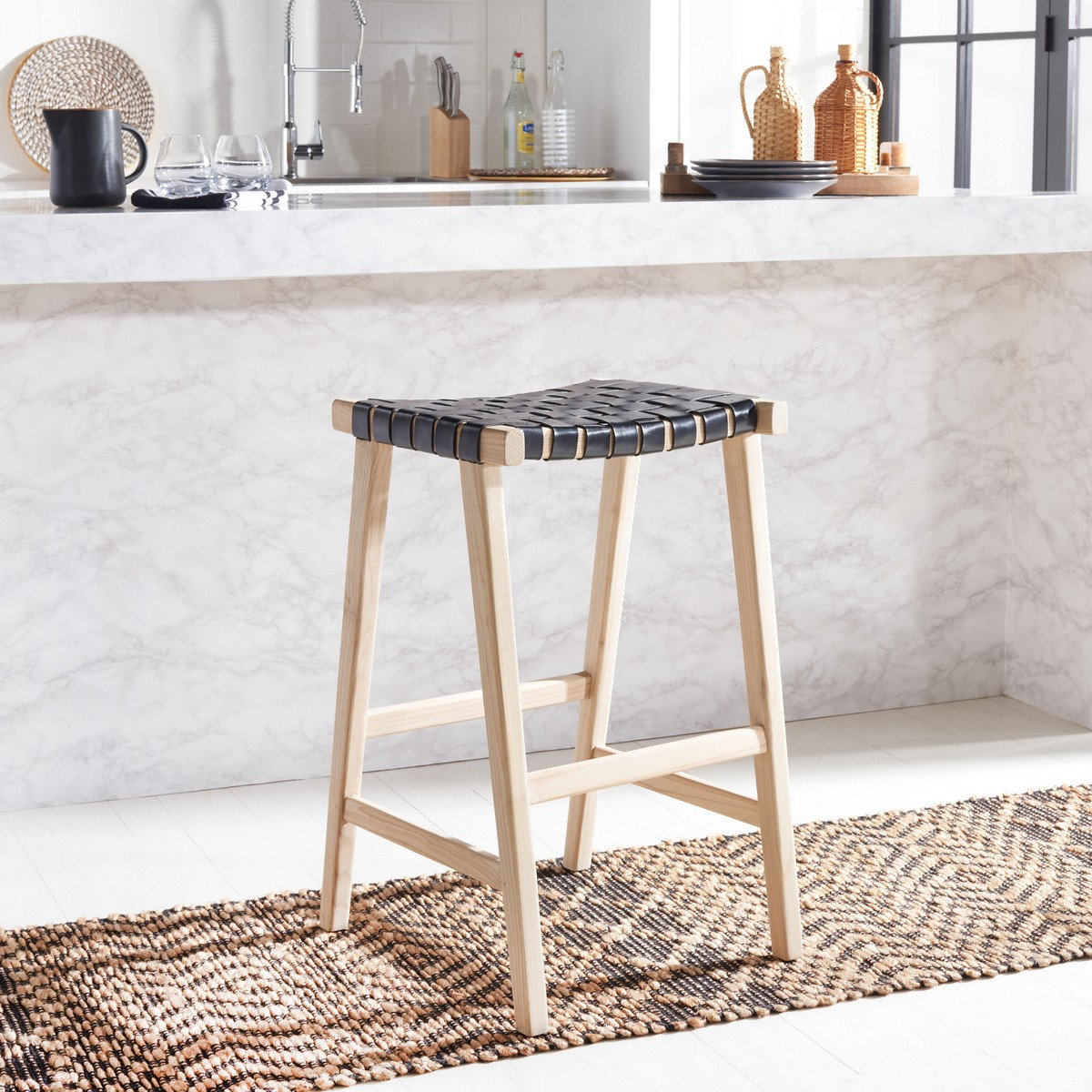 Alston Bar and Counter Stool, Bar Stool (30” Seat Height), Light Natural, Black
