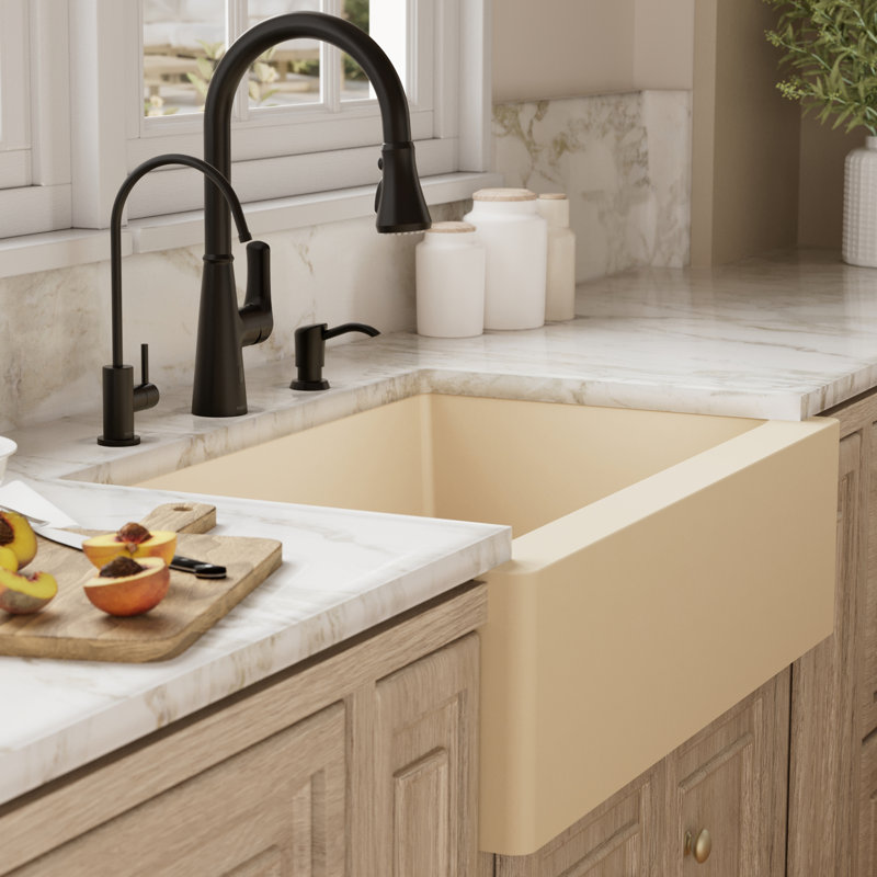 Ensemble d'évier de cuisine à tablier frontal simple à tablier frontal 34 po x 21 1/4 po Karran Quartz, Bisque
