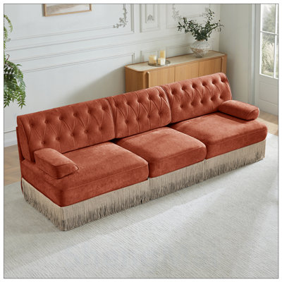 3-Seater Velvet Fabric Modular Sofa with Tassel Fringe, Button Tufting, and Ergonomic Wooden Base for Living Rooms and Bedrooms