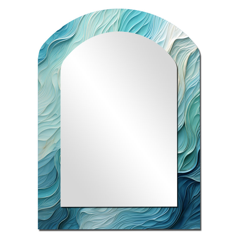 Turquoise bleu et blanc Serenity Swirl I - miroir décoratif asymétrique spirales abstraites, grand miroir mural arqué moderne, art imprimé en métal