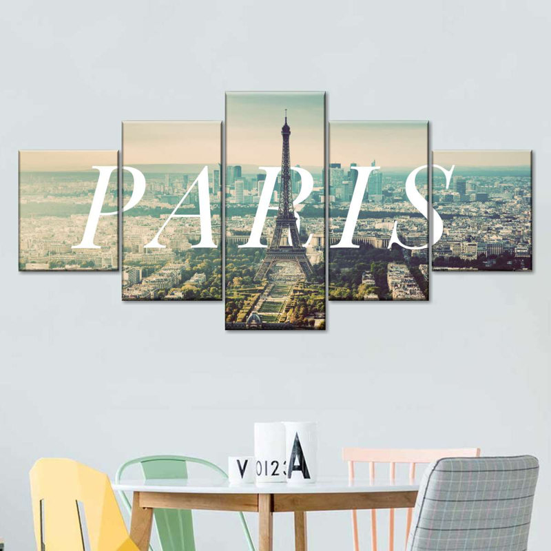 «Eiffel Tower Paris Skyview on Canvas», reproduction de 5 pièces, H 24 po x l 55 po x P 1 po