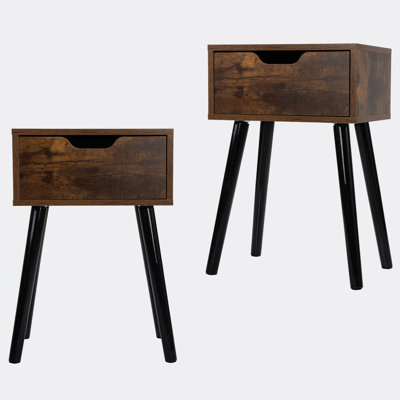 Ensemble de 2 tables d'appoint en bois de style Mid-Century, table de bout avec 1 tiroir de rangement, table de chevet pour le salon de la chambre à coucher, brun rustique et noir