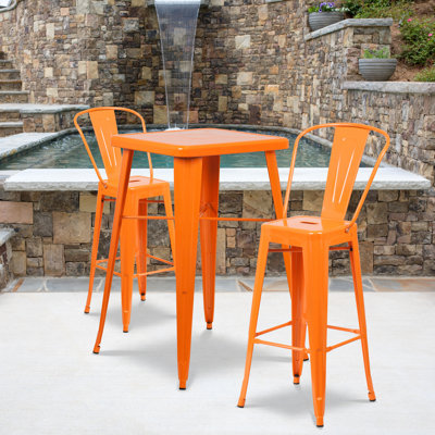 Toquerville Square Metal Indoor-Outdoor Bar Table Set with 2 Stools with Backs
