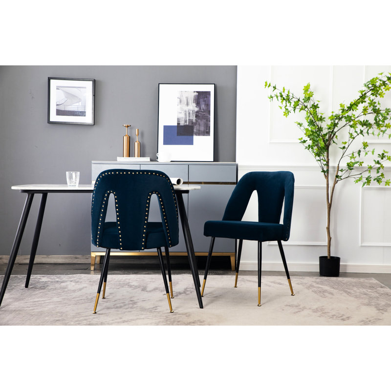 Collection Blue, chaise de salle à manger avec revêtement en velours et garniture cloutée, 2 pièces, têtes de clou en métal noir moderne, 2 pièces