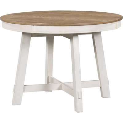 Farmhouse Round Extendable Dining Table With 16" Leaf Wood Kitchen Table (Oak Natural Wood + Antique White)