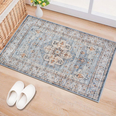 Tapis de couloir lavable: tapis antidérapants avec envers en caoutchouc Tapis de cuisine doux Tapis de maison de campagne vieilli pour salle de bain (bleu)
