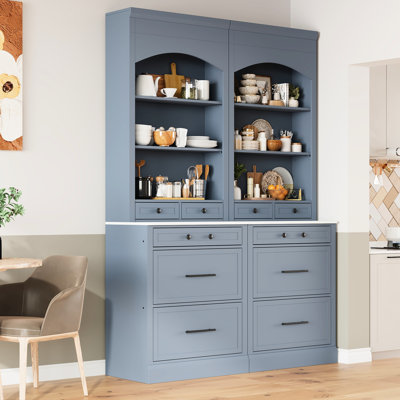 83.7Inch High Kitchen Storage Cupboard, Gray, Faux Marble Top, 5 Drawers And Adjustable Shelf For Practical Organization 2 Freestanding Pantry, Functional