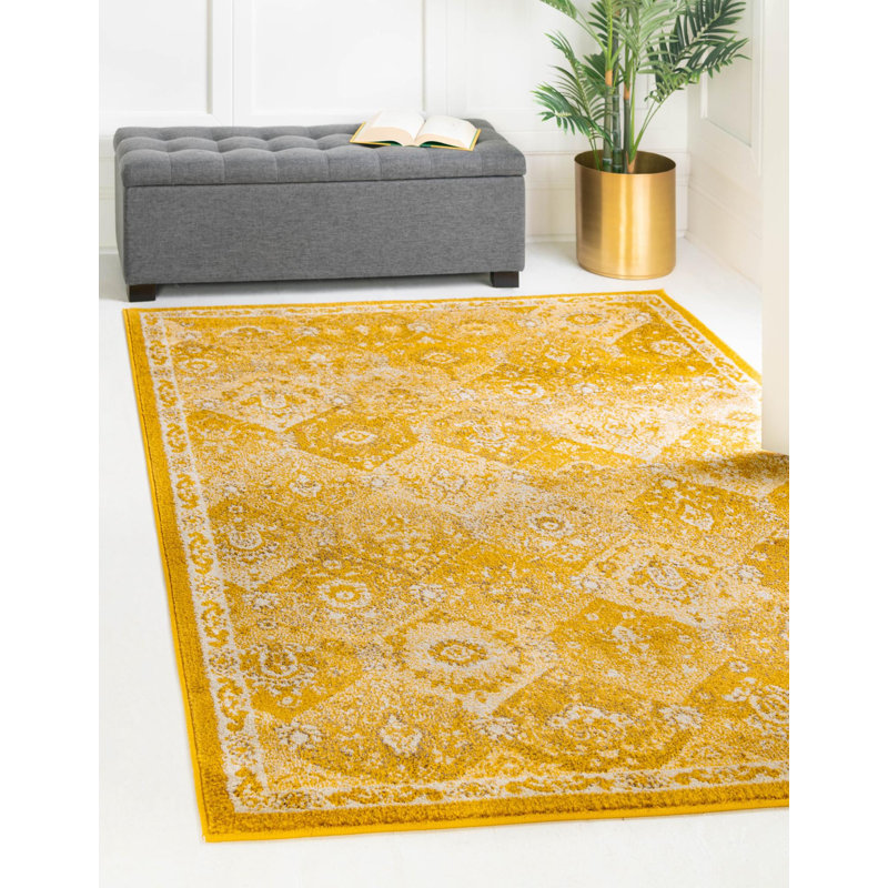 Tapis jaune à motif abstrait Kalf, Rectangle 10 pi x 14 pi 1 po