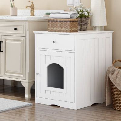 White Wooden Cat Litter Box Enclosure With Drawer, Side Table Nightstand, Indoor Pet House