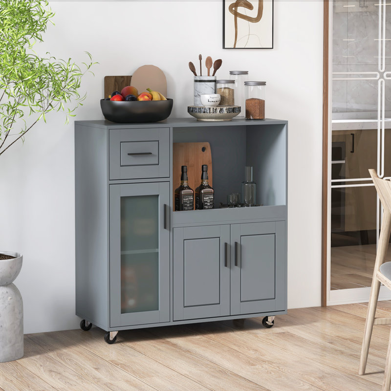 Îlot de cuisine roulant avec tiroir et armoire de rangement à portes en verre givré, gris