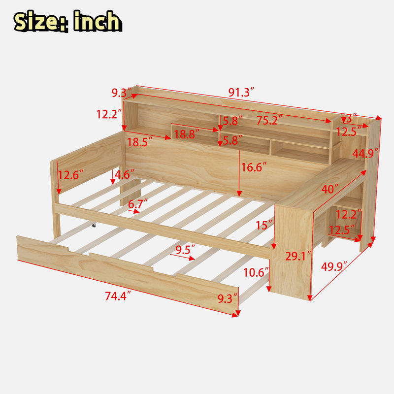 Multifunctional Wooden Daybed With Storage Shelves, Study Desk And Trundle, Natural, Twin