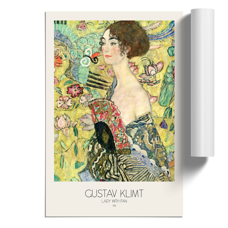 Lady With Fan With Border by Gustav Klimt - No Frame Painting, 42cm H x 30cm W x 0.1cm D