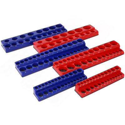 Magnetic Socket Organizer Set, 6-Piece Socket Holder Set Includes 1/4", 3/8", 1/2" Drive Metric SAE Socket Trays, Holds 141 Pieces Standard Size And Deep Size Sockets(Socket Not Included),Red And Blue