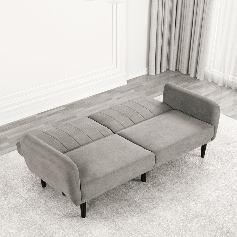 Contemporary Futon In Gray, Converting Into Bed, Pocket Coil, Soft Track Arm, Wooden Legs, Charging Ports, 95 - Lb Weight