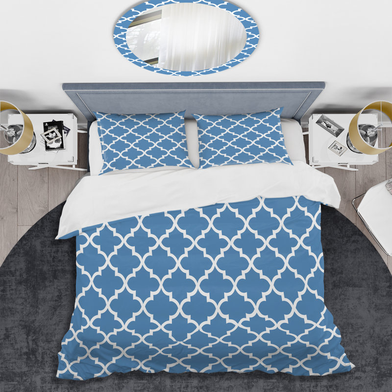 Ensemble de housse de couette moderne bleu et blanc à motif de quadrilobe I, Housse de couette très grand et 2 très grandes t