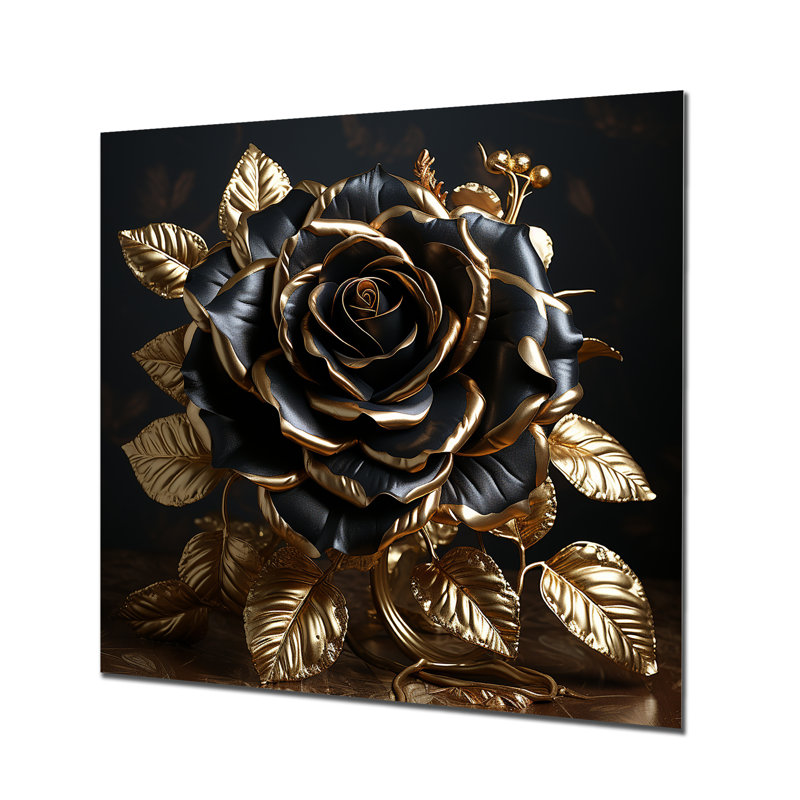 Décoration murale noire rose doré doré et feuilles dorées - rose, H 36 po x l 36 po x P 1,5 po, Métal métal