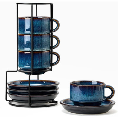 7-ounce porcelain stackable cappuccino cup with plate and metal holder, espresso cup, specialty coffee drink, cappuccino and tea -4 sets, Midnight Tide