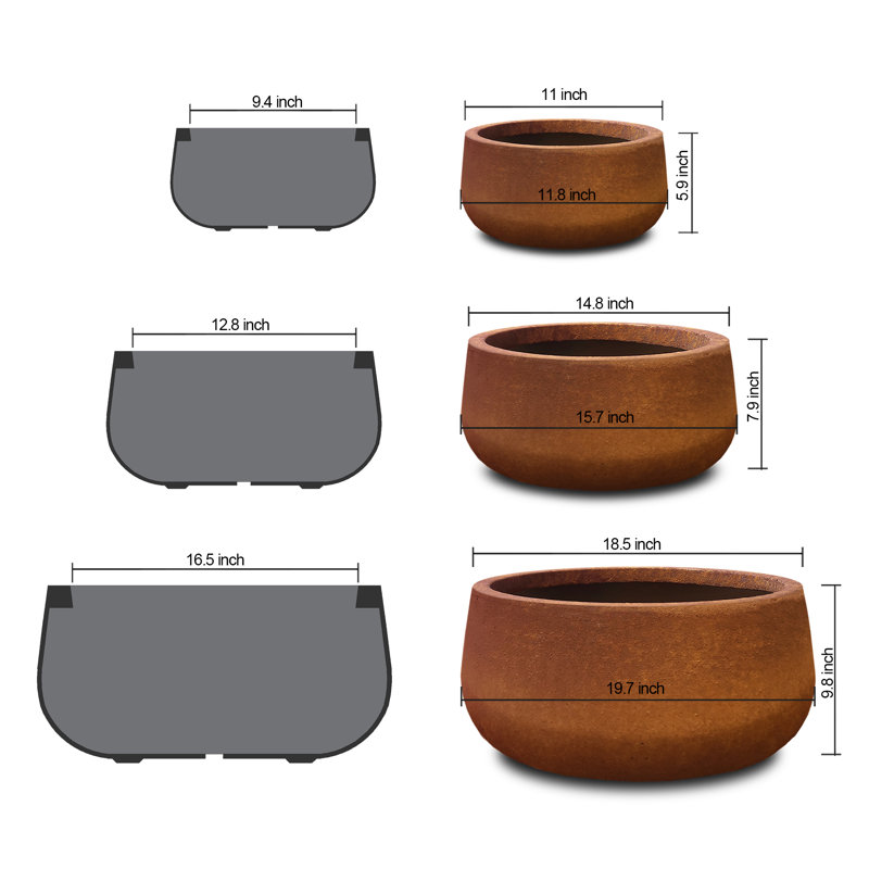 Tali 3-Piece Round Weather and UV Resistant Cement Planters, Iron Oxide