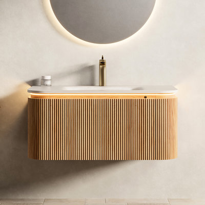 Meuble-lavabo 36 po et lavabo, tiroir rayé 3D naturel, bassin en pierre frittée à motif, capteur, glissières de tiroir à fermeture en douceur, meuble-lavabo chaud à installation facile, armoire flottante