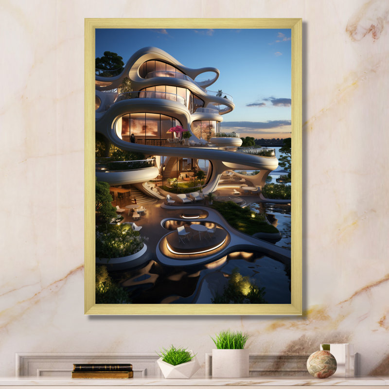 Futuriste architecture IV - reproduction sur toile, H 32 po x l 24 po x P 1 po, Cadre doré à une seule photo